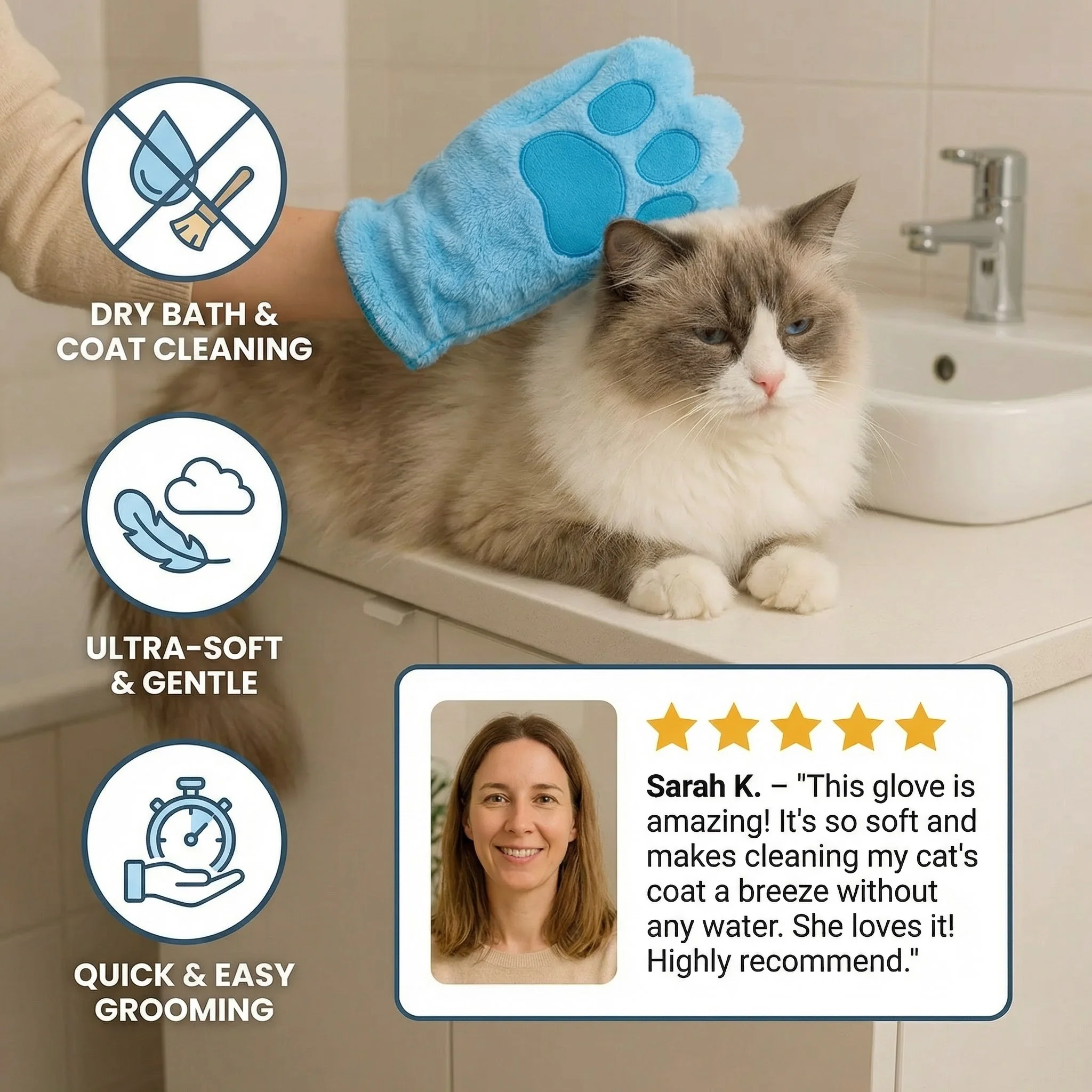Animal care microfibre glove – dry bath towel & coat cleaning for cats - Image 2