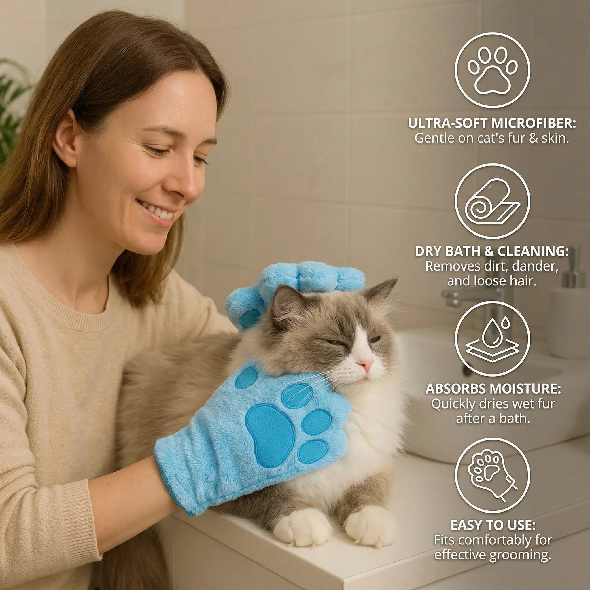 Animal care microfibre glove – dry bath towel & coat cleaning for cats - Image 3