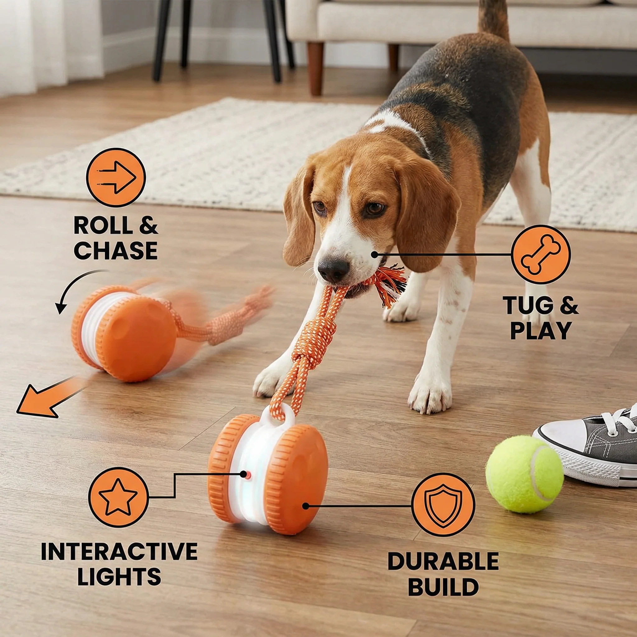 Interactive & Durable Dog Ball – Motion Toy with Tug Rope in Dog Colours - Image 3
