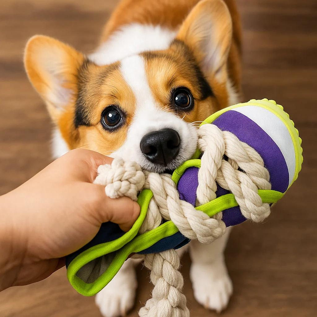 Squeaky slipper with sturdy cotton rope β dental care & fun for dogs